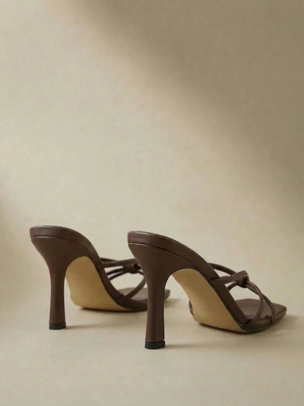 Brown Vegan Leather Strappy Knot Toe Ring Heeled Sandals